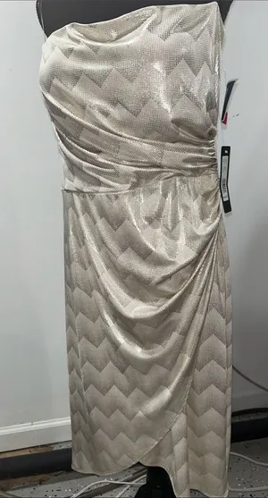 Bebe Strapless Champagne and Silver Chevron Dress thumbnail 1