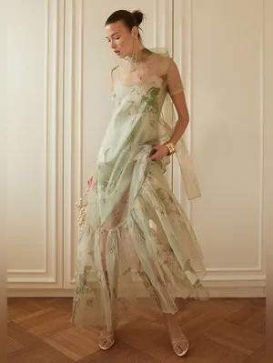 CAARA Melody Size M Green Floral Tie Neck Ruffle Hem Gown Dress Few Moda thumbnail 2