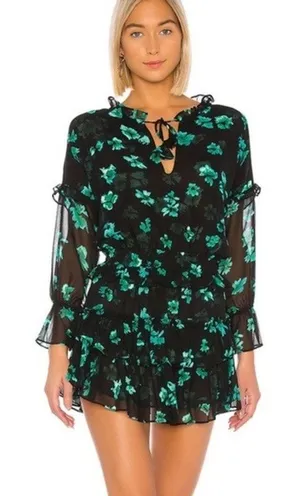 MISA Lolita Black Green Floral Print Long Sleeve V-Neck Ruffled Mini Dress Small thumbnail 1
