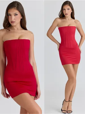 House of CB Laila Red Satin Strapless Hourglass Cocktail Mini dress Size M long thumbnail 3