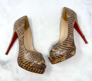Christian Louboutin Altadama 140 Watersnake Open Toe Platform Heels Brown 38 thumbnail 1