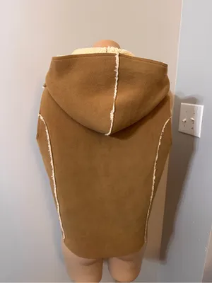 Lauren Ralph Lauren Vest Shearling Sherpa Medium Hood Brown Tan Suede Winter thumbnail 3