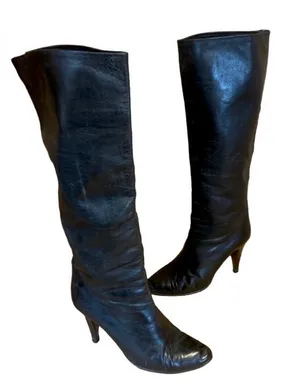 Vintage 1980'S Anne Klein Black Leather Heeled Calf High Boots (6) thumbnail 1