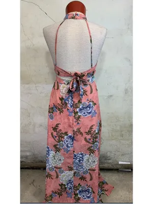 Miami maxi Dress Large Peach with Blue Yellow Floral Halter Crochet Derails thumbnail 13