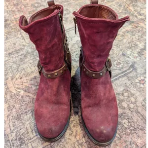 A.S.98 Womens Saint Burgundy Suede Studded Buckle Moto Ankle Boots US 6.5 - 7 thumbnail 2