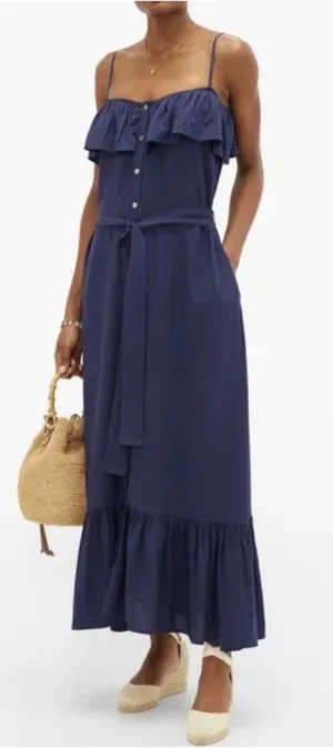 Melissa Odabash Kyla Ruffle‎ Button Front Belted Maxi Dress Navy NWT Size Medium thumbnail 1