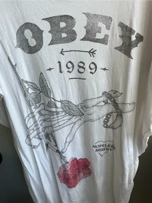 Obey White Short Sleeve Scoop Neck Graphic T-Shirt Dress with Red Rose thumbnail 2