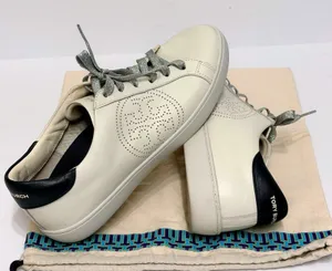 Tory Burch Leigh Sneaker Ivory White Leather Silver Glitter Lace 9.5M 83603 thumbnail 1