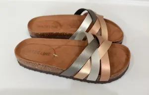 Madeline Metallic Multi-Stripe Slide Sandals in Rose Gold, Silver, and Bronze thumbnail 1