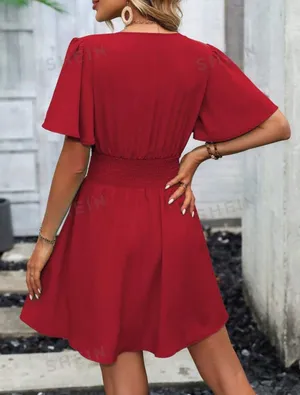SheIn Clasi Plunging Neck Butterfly Sleeve Ruched Waist Dress thumbnail 4
