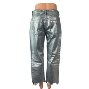 Free People Metallic Silver Raw Frayed Hem Barrel Wide Leg Denim Jeans Pants 26 thumbnail 4
