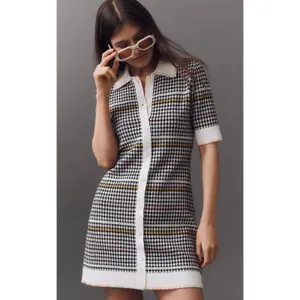 Maeve Colorful Houndstooth Button Front Knit Sweater Shift Mini Dress Medium NWT thumbnail 2