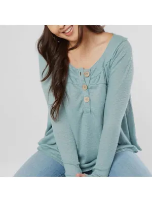 Free People We the Free Must Have Henley Waffle Aqua blue Long Sleeve size large thumbnail 2
