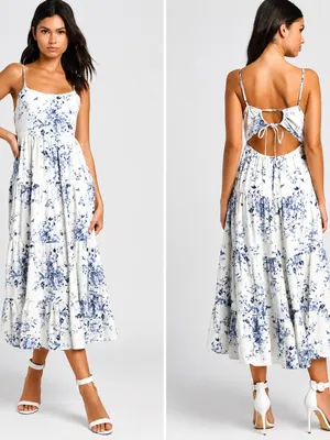 🌸 Lulus‎ Mykonos Mood Ivory Floral Print Tie Strap Tiered Midi Dress Size M 🌸 thumbnail 2