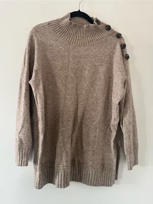 Anthropologie Tan Mock Neck Button Shoulder Tunic Sweater Medium Equestrian Cozy thumbnail 1