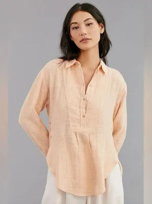 Anthropologie V-Neck Popover Cotton Long Sleeve Shirt in Orange Sz S thumbnail 1