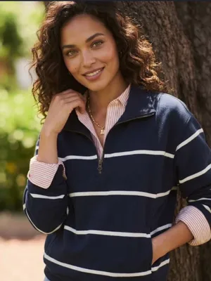Marine Layer Cloud 9 Fleece Half Zip Sweatshirt NWT Size Large Navy Blue Stripe thumbnail 1
