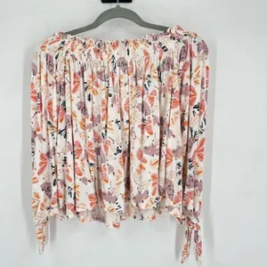 Free People Lexington Off Shoulder Floral Boho Blouse Small‎ Tie Cuff Ivory thumbnail 3