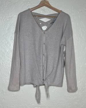 Always Fabulous Cozy Soft Tie Front Button‎ Cardigan Sweater NWT Women Beige XL thumbnail 1