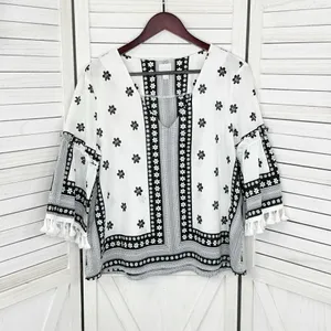 Soho New York & Comp Boho Fringe‎ Hem Floral Popover Shirt White Black Large thumbnail 8