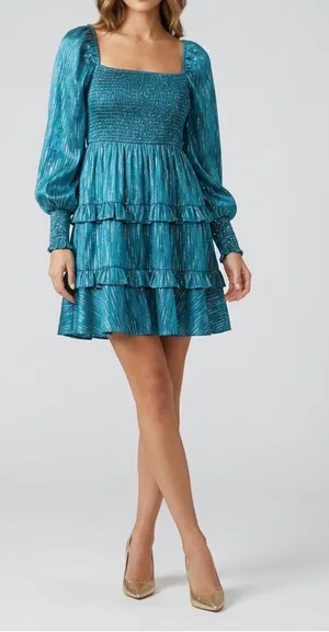VICI Teal Metallic Stripe Tiered Mini Dress Smocked Puff Sleeve NWOT Size M thumbnail 1
