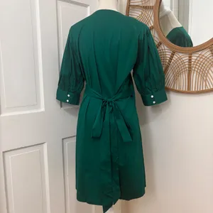 S'edge‎ Poplin Wrap Dress L Emerald Green Puff Sleeve Career Chic Classic thumbnail 3