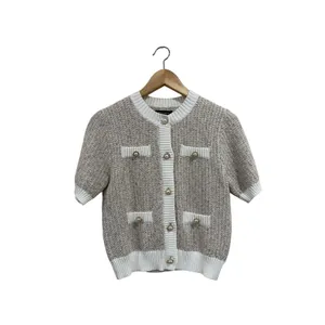 Urban Revivo Prep Short Sleeve Pearl Button Cardigan Sweater Beige White Medium thumbnail 2