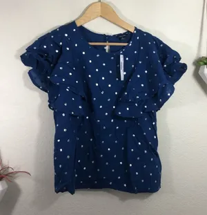 NWT J. Crew Ruffle Flutter Sleeve Metallic Polka Dot Top - foil Indigo Silver thumbnail 1