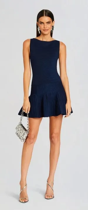 Retrofête Audrina Metallic Knit Mini Dress Navy‎ Size L thumbnail 1