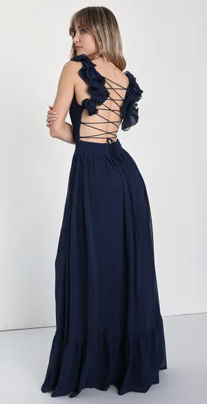 Lulus Soiree Celebration Navy Blue Ruffled Lace-Up Maxi Dress thumbnail 2