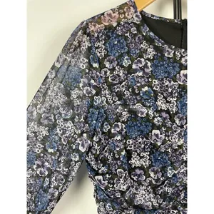 Vici Blue Purple Black Floral Ruched Long Sleeve Chiffon Mini Dress Size L‎ thumbnail 5