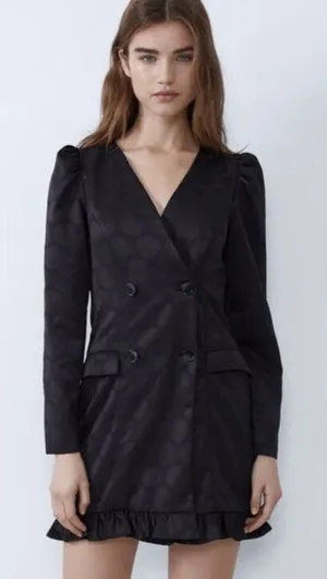 ZARA Jacquard Dot Puff Shoulder Blazer Mini Dress Black Size Small thumbnail 1