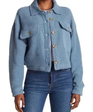 Blank NYC Cropped Sherpa Trucker Jacket Womens‎ L Blue Fleece Cozy 90s Retro thumbnail 1