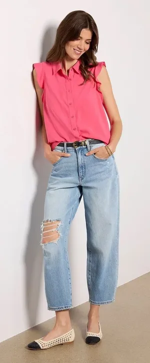 Cloth & Stone Women Ruffle Button‎ Down XS Pink Vibrant Hibiscus Sleeveless Top thumbnail 1