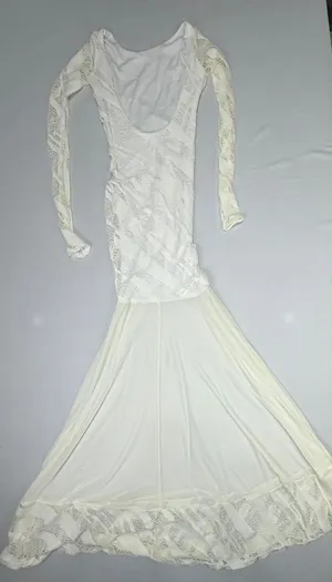 Auditions White Textures Mesh Long Sleeve Maxi Gown with Low Back and Lace Hem D thumbnail 4