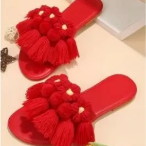 New Red Slide Sandal Tassel Pom Pom Faux Suede Slip On Bohemian Sz-8 thumbnail 5