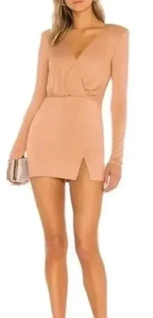 NBD Katia Mini Dress Long Sleeve Camel Jersey Stretch Low Cut Size Small Women's thumbnail 1