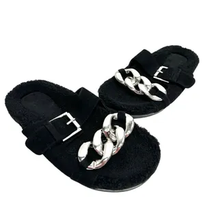 Marc Fisher LTD Fresno‎ Black Leather Faux Fur Chain Slide Sandals Size 6 thumbnail 2