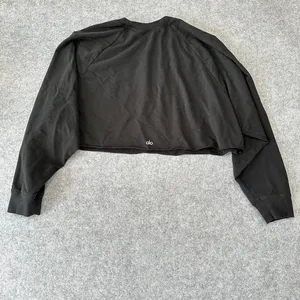 Alo Yoga Womens Cropped Raglan Sweatshirt‎ Black Raw Hem Size L Large thumbnail 5