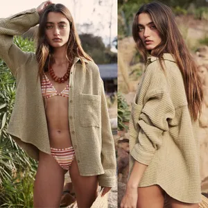 Free People | 100% Cotton Serious Chiller‎ Waffle Button Down in Curly Willow thumbnail 3