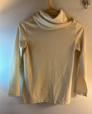 Vintage Cream Cowl Neck Hooded Long Sleeve Top Ivory Polyester Knit Made in USA thumbnail 1