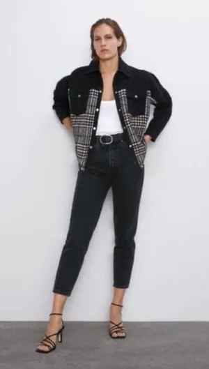 ZARA Contrast Black Denim & Tweed Plaid Mix Snaps Outer Jacket Shaket Size Large thumbnail 3