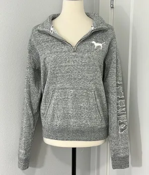 Victoria's Secret Pink Small Gray Quarter Zip Funnel Neck Sweatshirt w/Pocket thumbnail 2