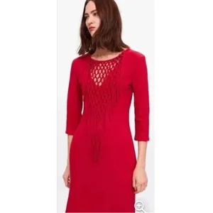 Zara Bright Red Fringe Knit Maxi Dress thumbnail 5