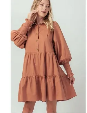 Bohme Makayla Mini Dress Smocked Balloon Sleeve Button Ruffle Tiered in Clay S thumbnail 1
