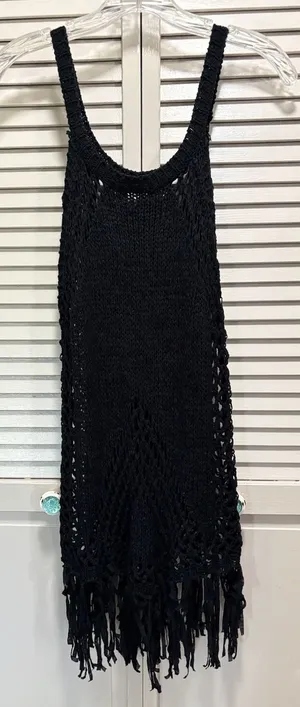 Black‎ Crochet Top Sleeveless Size Medium Open Knit Fringe Linen Cover-up thumbnail 1