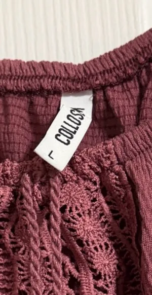 Colosa Boho Crochet Lace Peasant Top Burgundy Mauve Short Sleeve Size L thumbnail 3