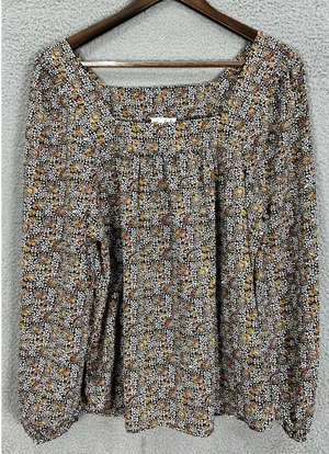 Wonderly Top Womens Large Brown Floral Long Sleeve Square Neck Dark Feminine‎ thumbnail 1