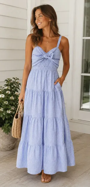 English Factory Blue White Stripe Seersucker Pattern Tier Knot Front Maxi Dress thumbnail 1