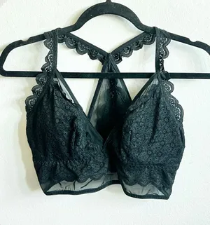 AERIE Black Lace Bralette Mesh Soft Comfort‎ Wireless Padded Racerback Large thumbnail 1